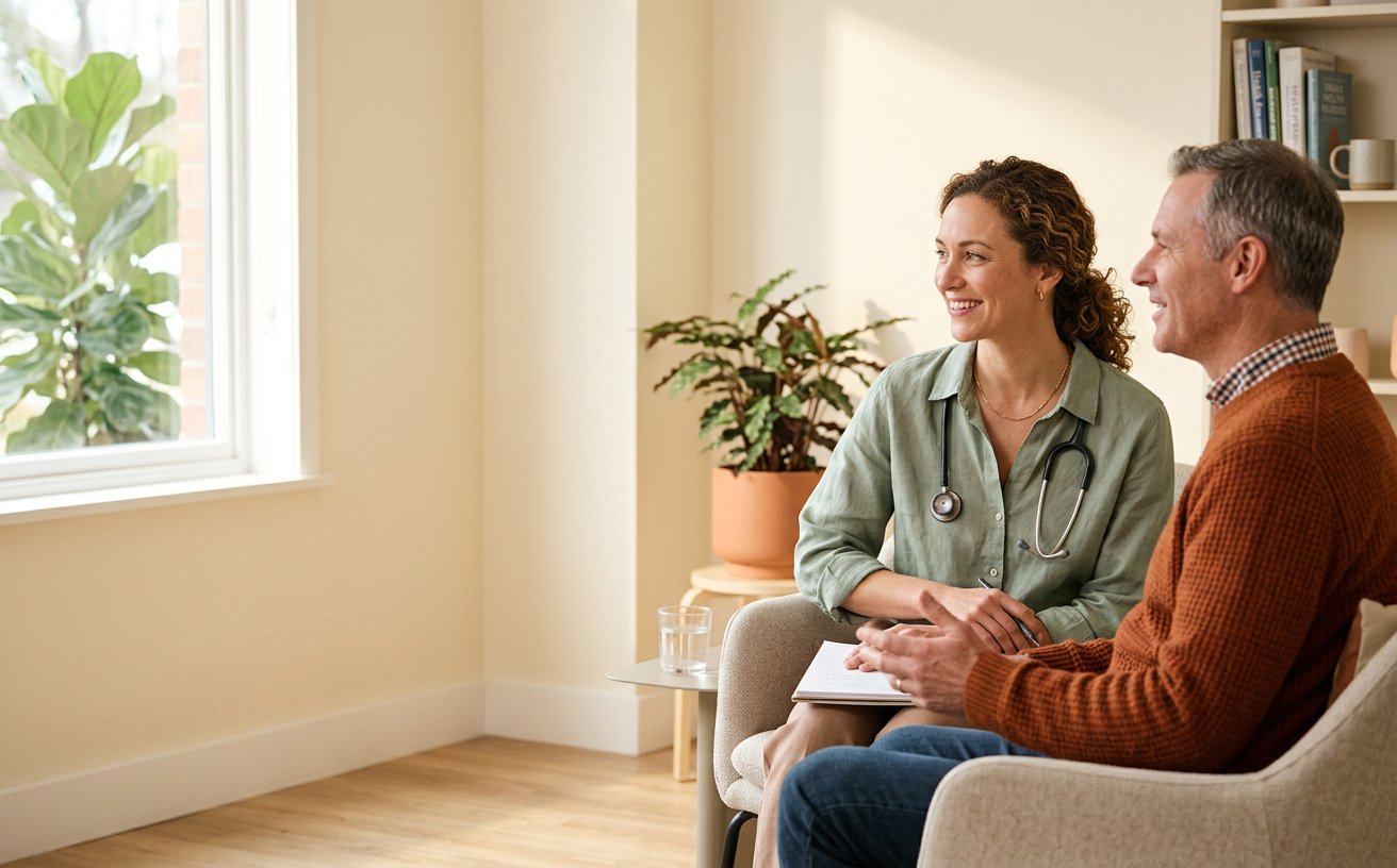 A clinician listening attentively to a patient in a welcoming care setting